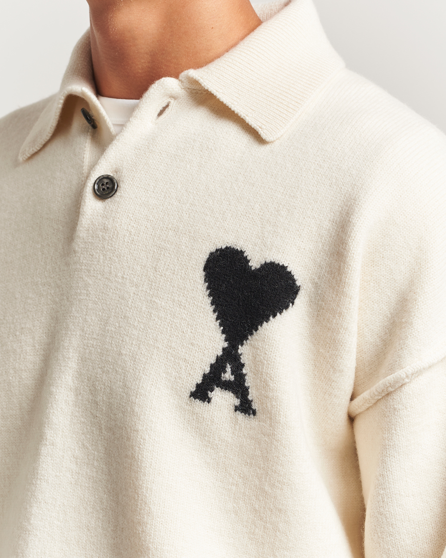Mies | Puserot | AMI | Big Heart Logo Wool Knitted Polo Ecru