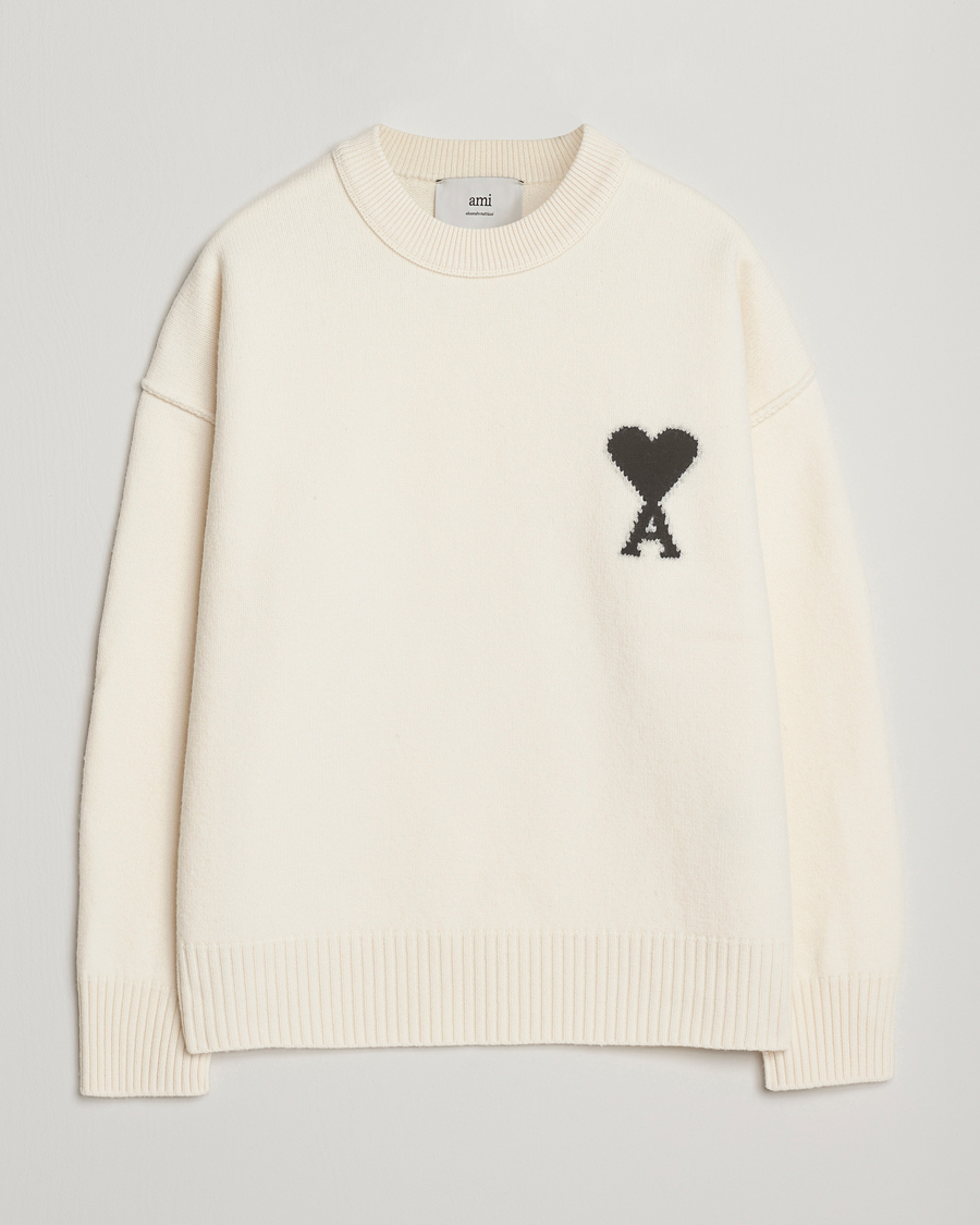 Mies | Puserot | AMI | Big Heart Logo Wool Knitted Sweater Ecru