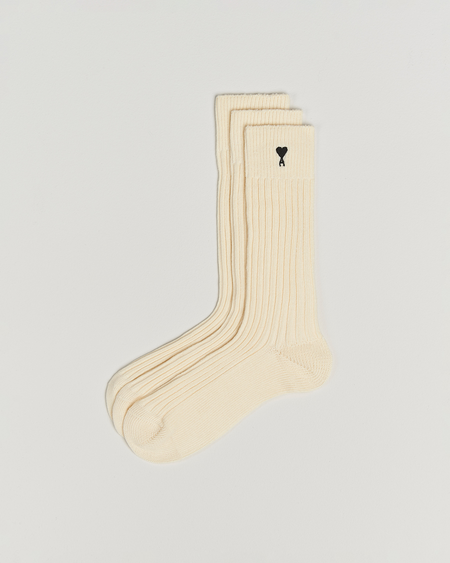 Mies | Alusvaatteet | AMI | 3-Pack Heart Logo Cotton Socks Ecru
