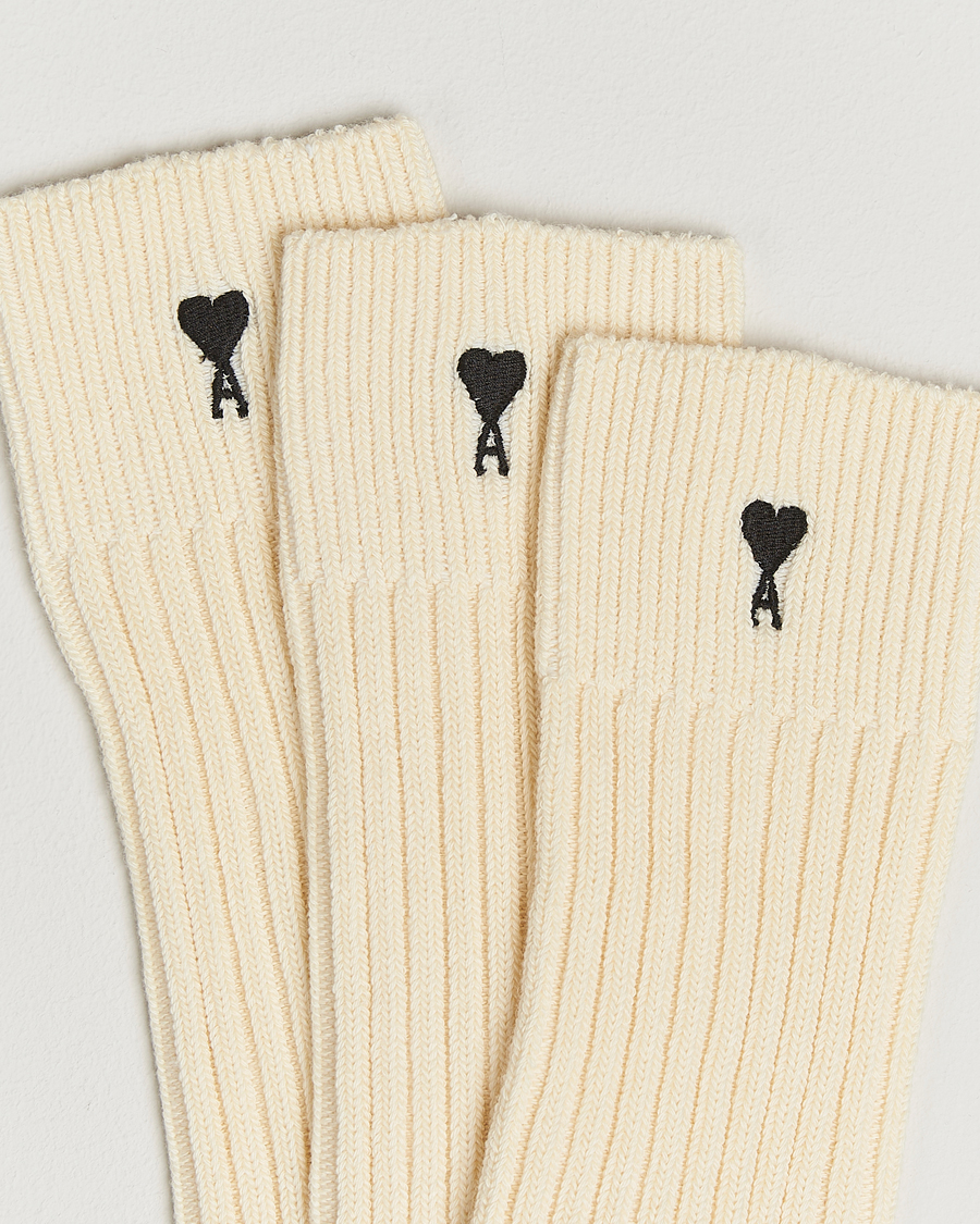 Mies | Alusvaatteet | AMI | 3-Pack Heart Logo Cotton Socks Ecru