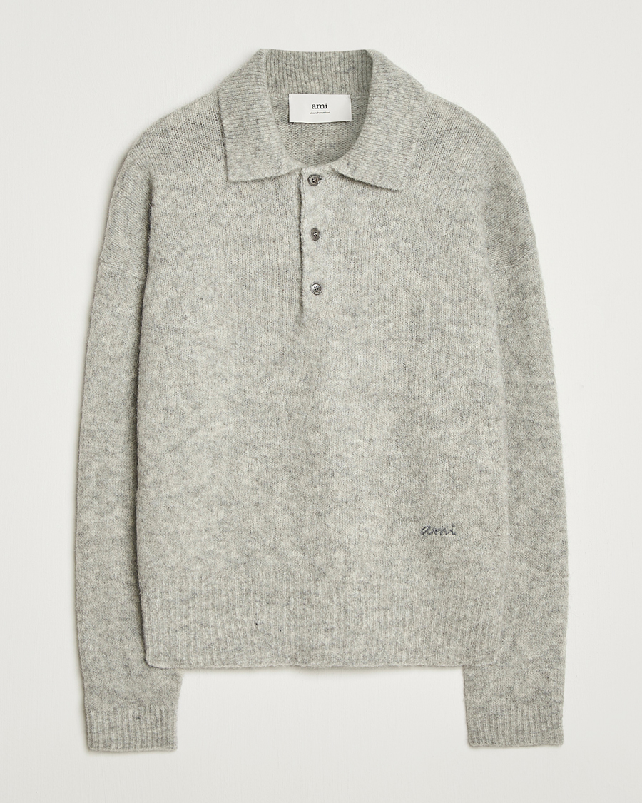 Mies | Puserot | AMI | Signature Alpaca Knitted Polo Light Grey Melange