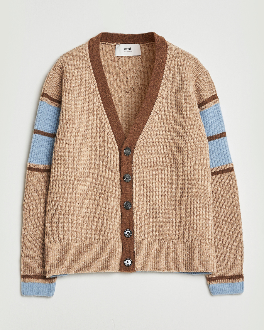 Mies | Puserot | AMI | Ribbed Wool Knitted Cardigan Camel