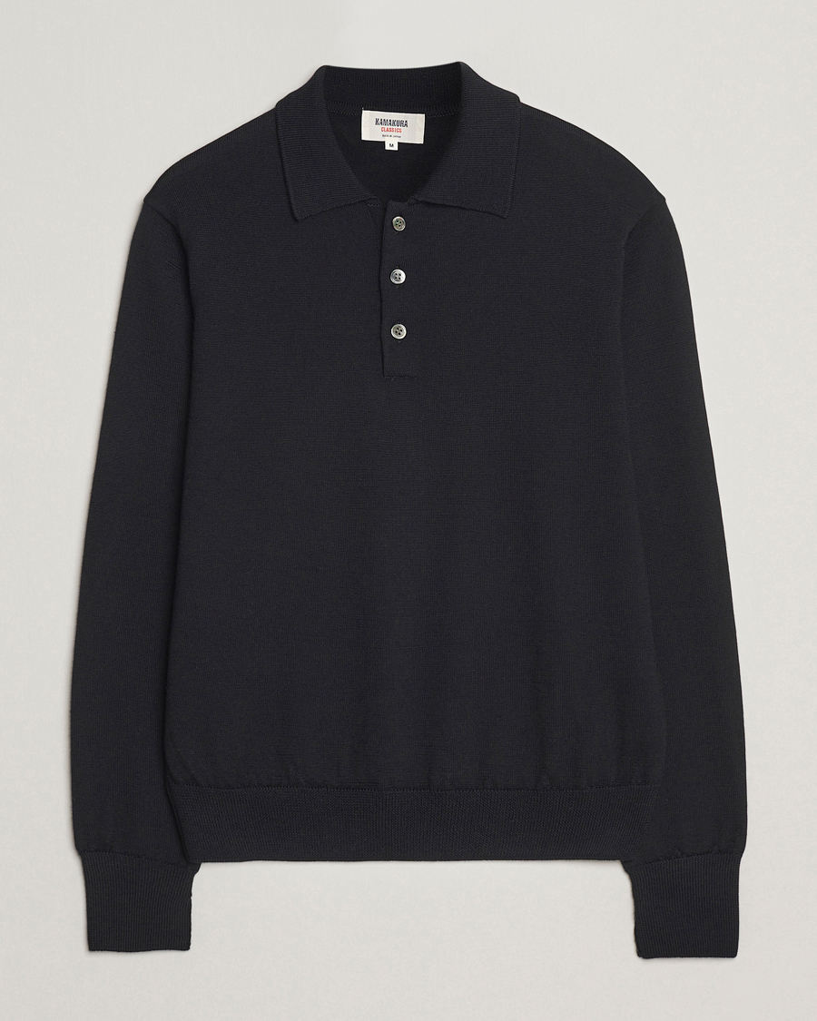 Mies | Puserot | Kamakura Shirts | Long Sleeve Knitted Polo Black