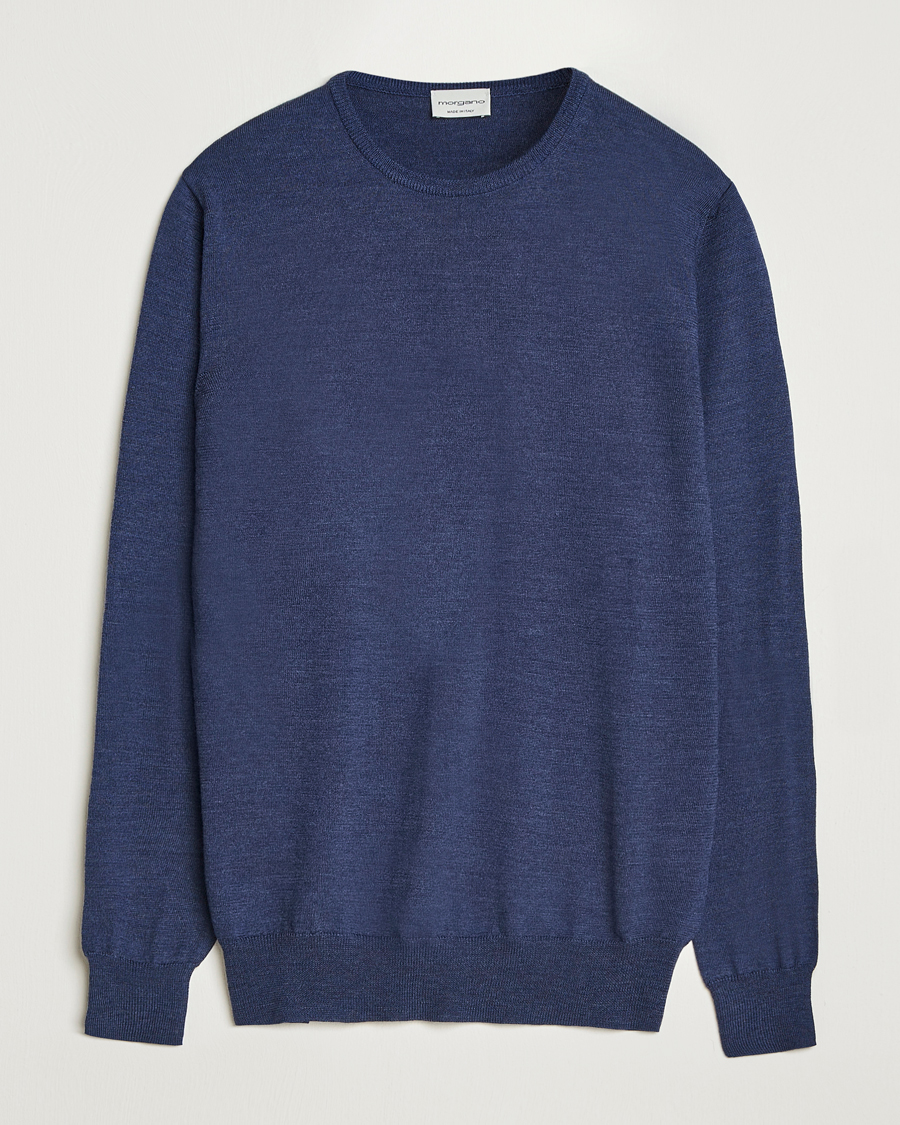 Mies | Puserot | Morgano | Extra Fine Merino Wool Crewneck Mid Blue