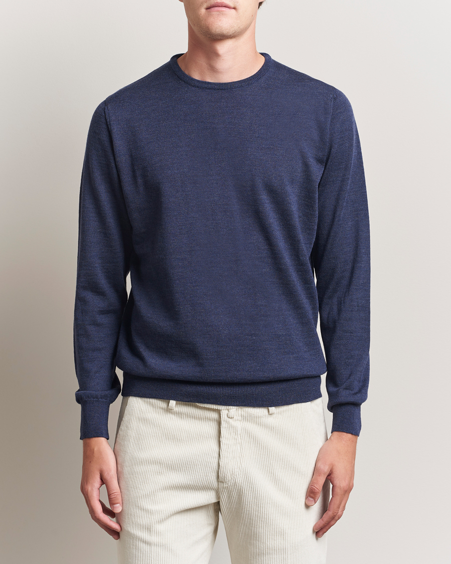 Mies | Puserot | Morgano | Extra Fine Merino Wool Crewneck Mid Blue