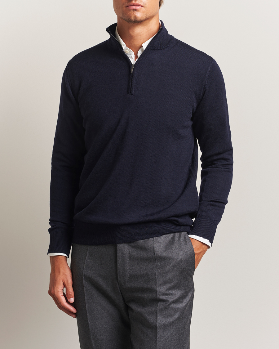 Mies | Puserot | Morgano | Extra Fine Merino Wool Half-Zip Navy