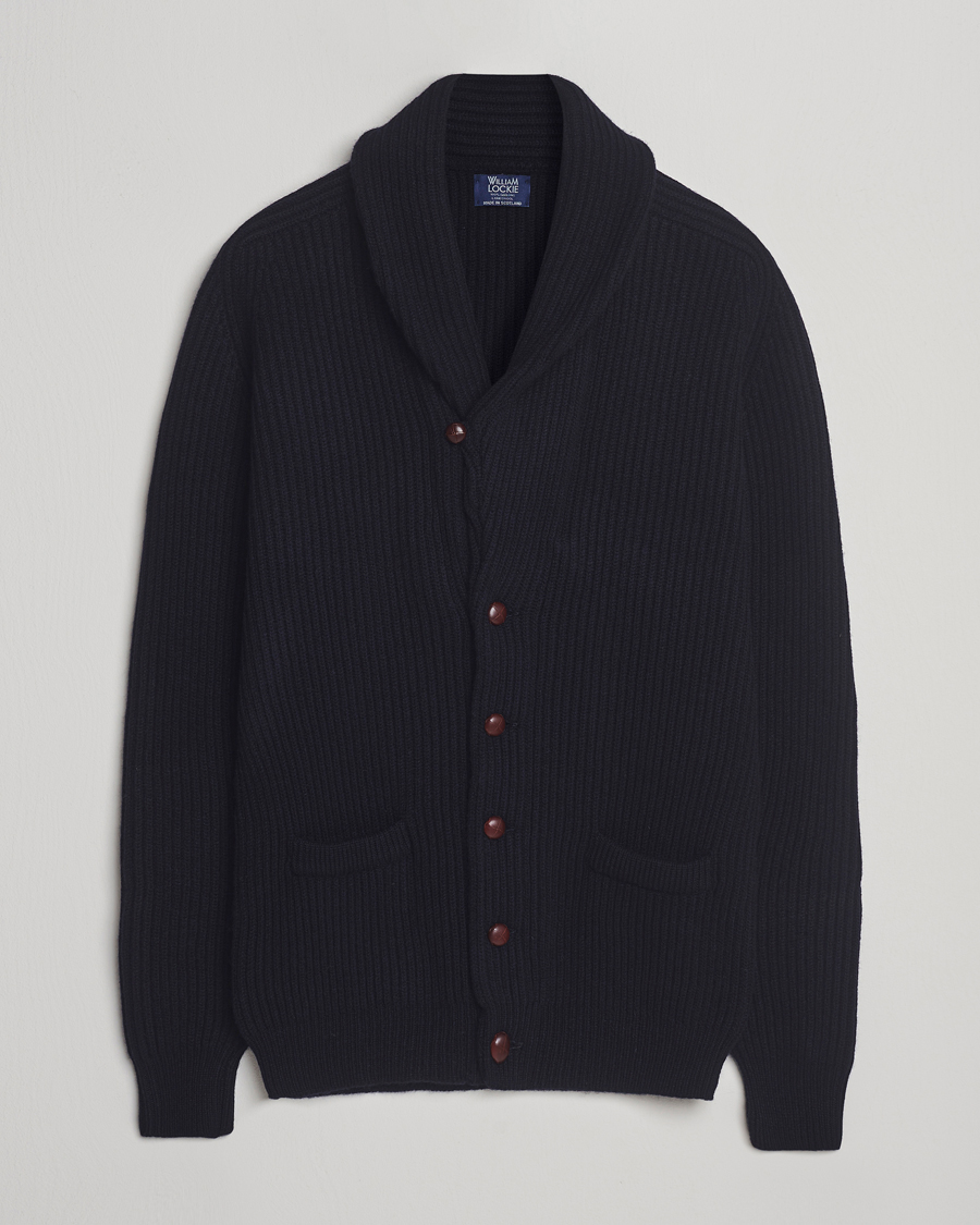 Mies | Puserot | William Lockie | Windsor Geelong Lambswool Shawl Cardigan Navy