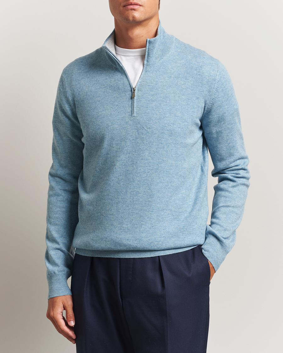 Mies | Puserot | Gran Sasso | Wool/Cashmere Half Zip Blue Melange