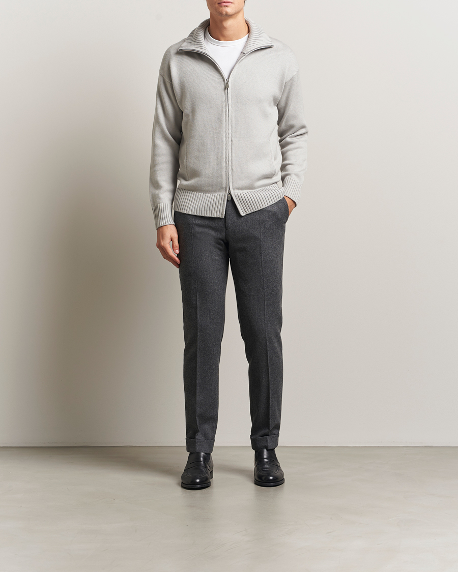 Mies | Puserot | Gran Sasso | Heavy Knitted Merino Full Zip Light Grey Melange
