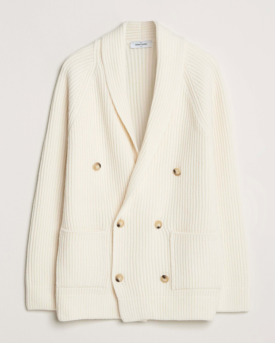 Mies | Puserot | Gran Sasso | Shawl Collar Heavy Knitted Wool Cardigan Cream