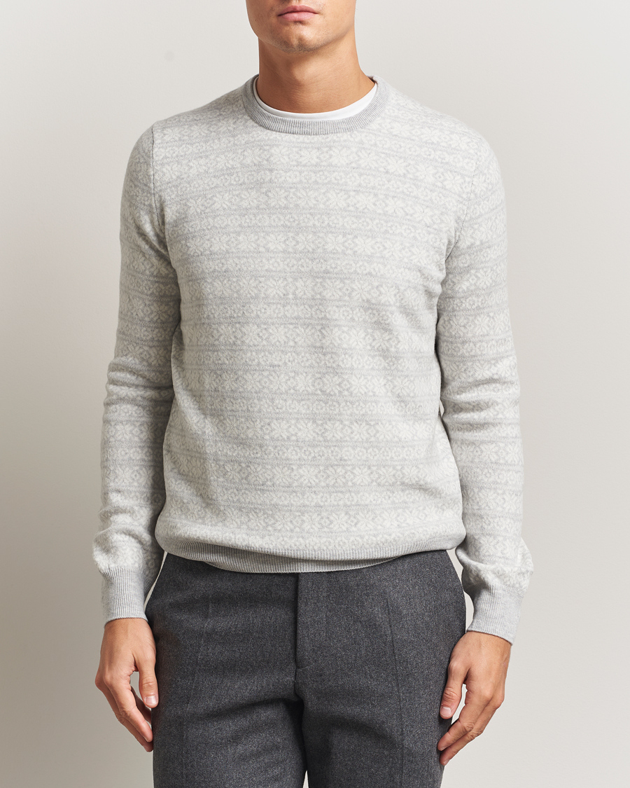 Mies | Puserot | Gran Sasso | Wool/Cashmere Fairisle Sweater Light Grey Melange