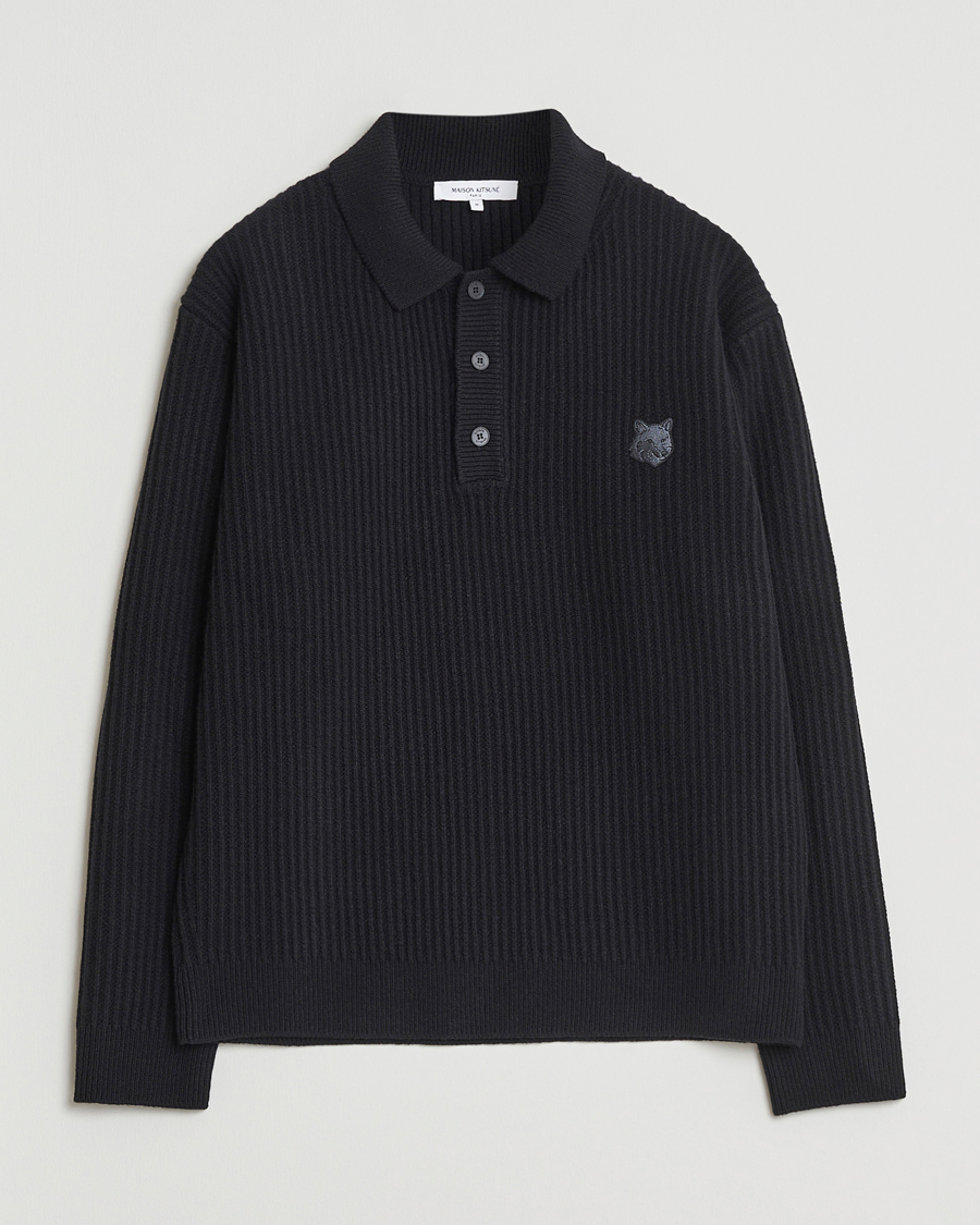 Mies | Puserot | Maison Kitsuné | Tonal Fox Head Wool Ribbed Polo Black