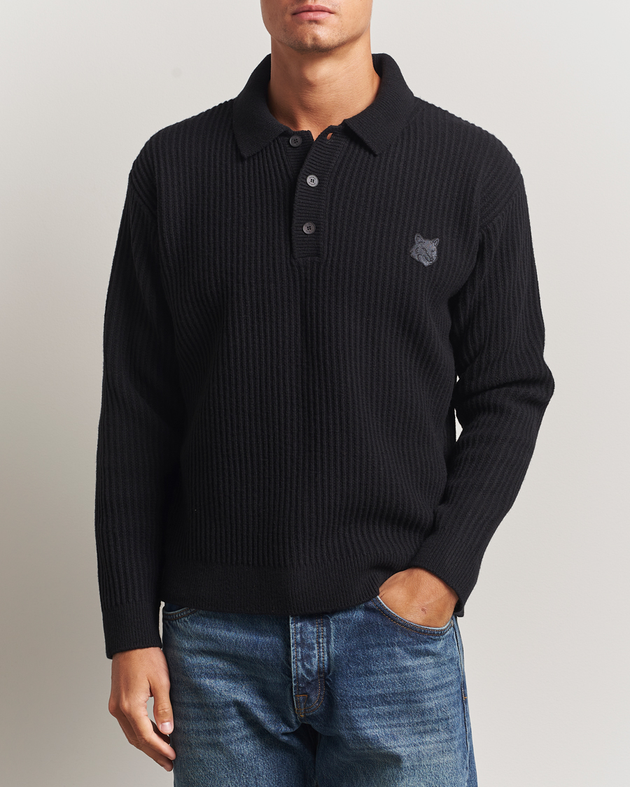 Mies | Puserot | Maison Kitsuné | Tonal Fox Head Wool Ribbed Polo Black