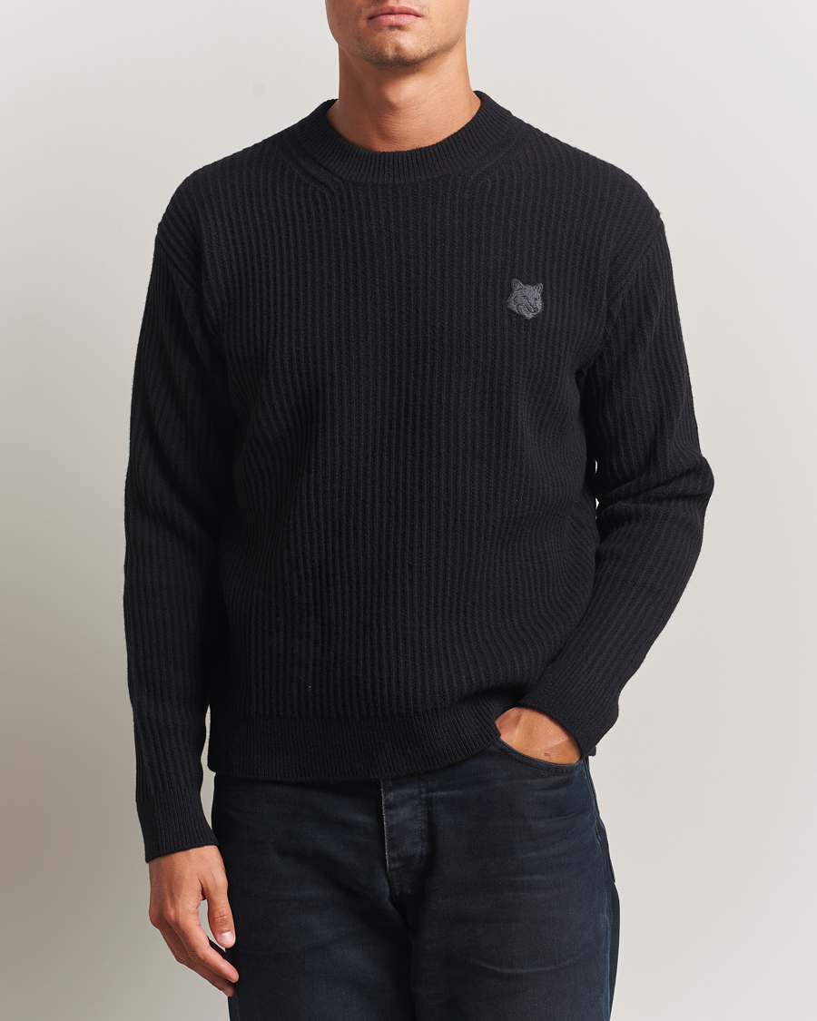 Mies | Puserot | Maison Kitsuné | Tonal Fox Head Wool Ribbed Sweater Black