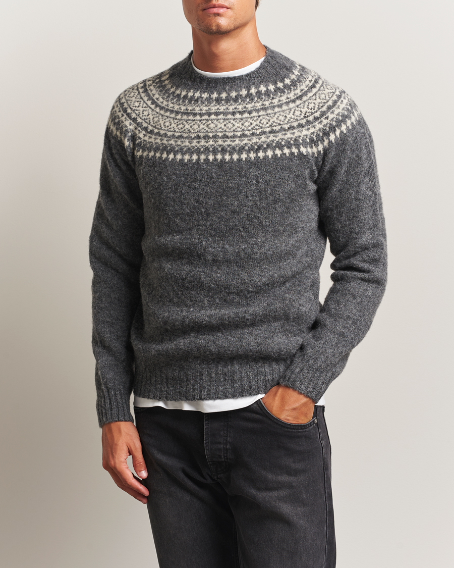Mies | Puserot | Harley Of Scotland | Brushed Supersoft Lambswool Yolk Fairisle Grey