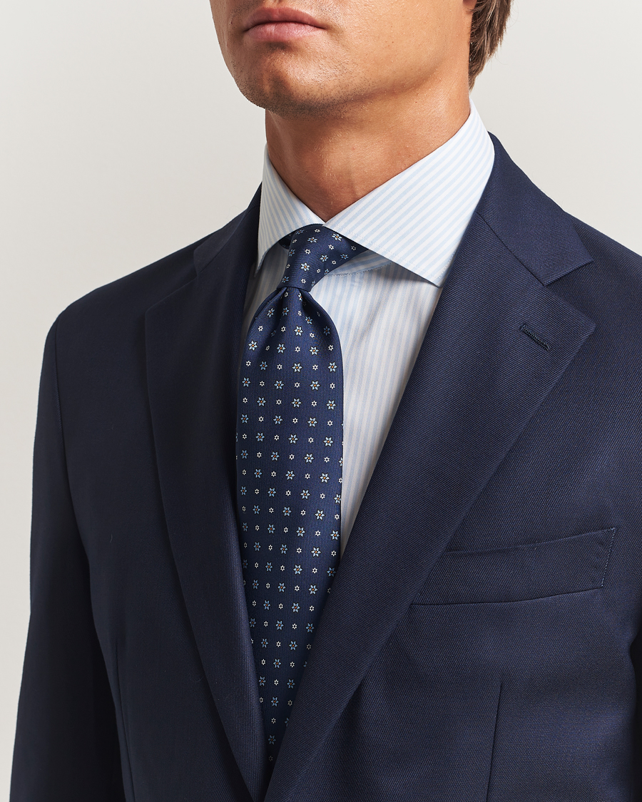 Mies | E. Marinella 3-Fold Printed Silk Tie Navy | E. Marinella | 3-Fold Printed Silk Tie Navy