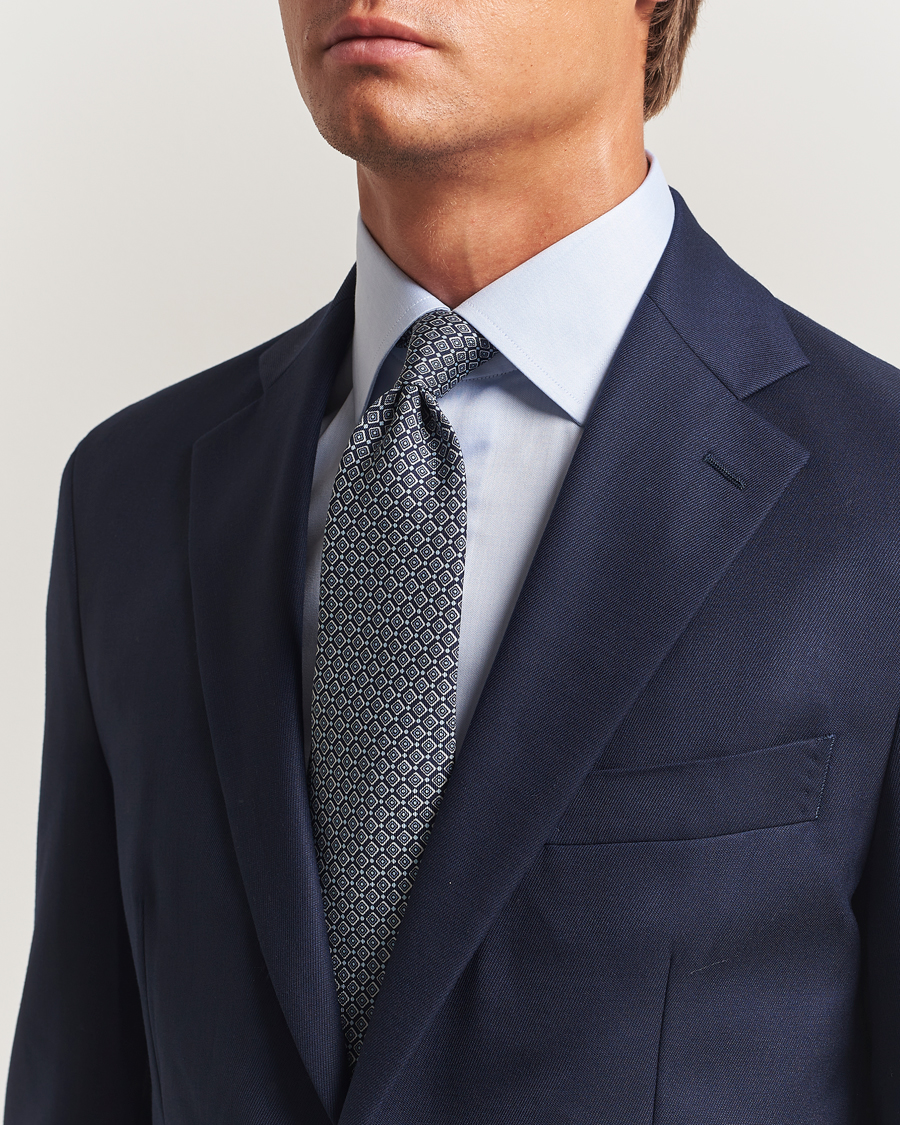 Mies | E. Marinella 3-Fold Printed Silk Tie Navy | E. Marinella | 3-Fold Printed Silk Tie Navy