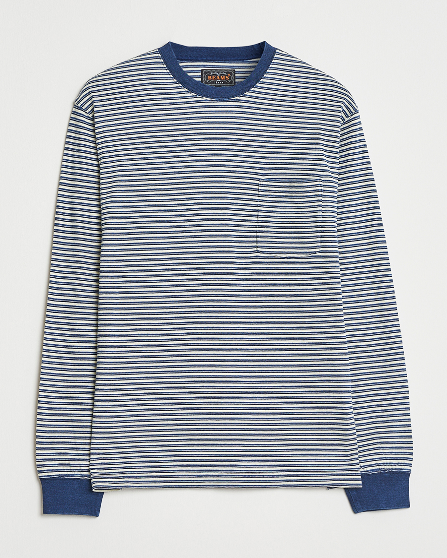 Mies | T-paidat | BEAMS PLUS | Indigo Stripe Long Sleeve T-Shirt White/Navy