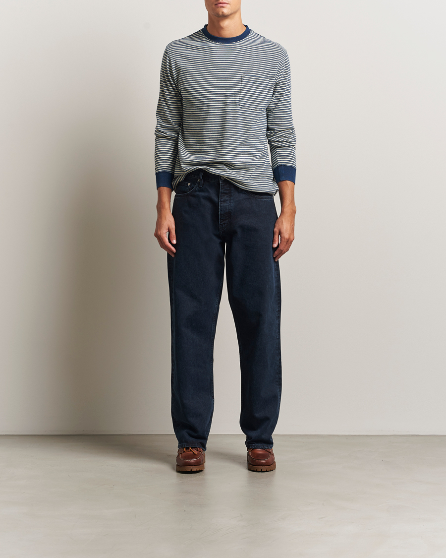 Mies | T-paidat | BEAMS PLUS | Indigo Stripe Long Sleeve T-Shirt White/Navy