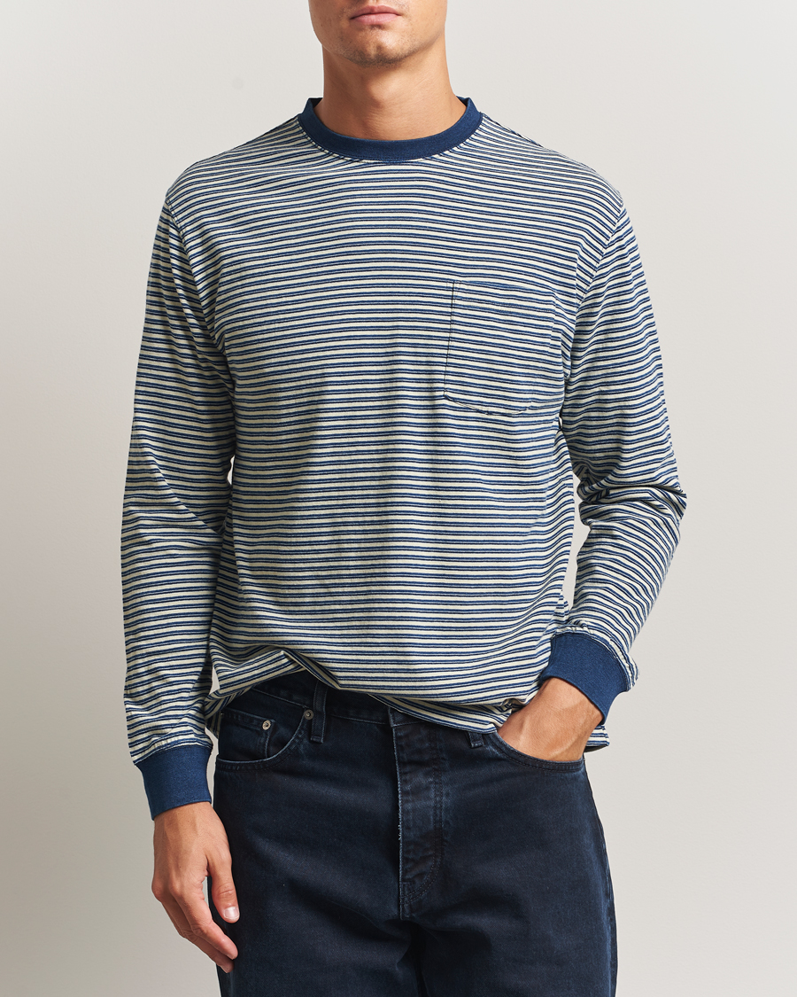 Mies | T-paidat | BEAMS PLUS | Indigo Stripe Long Sleeve T-Shirt White/Navy