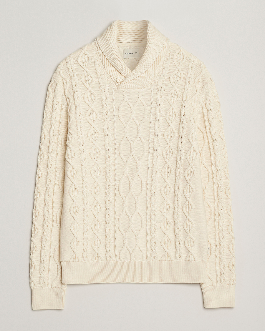 Mies | Puserot | GANT | Cable Shawl Collar Knitted Sweater Cream