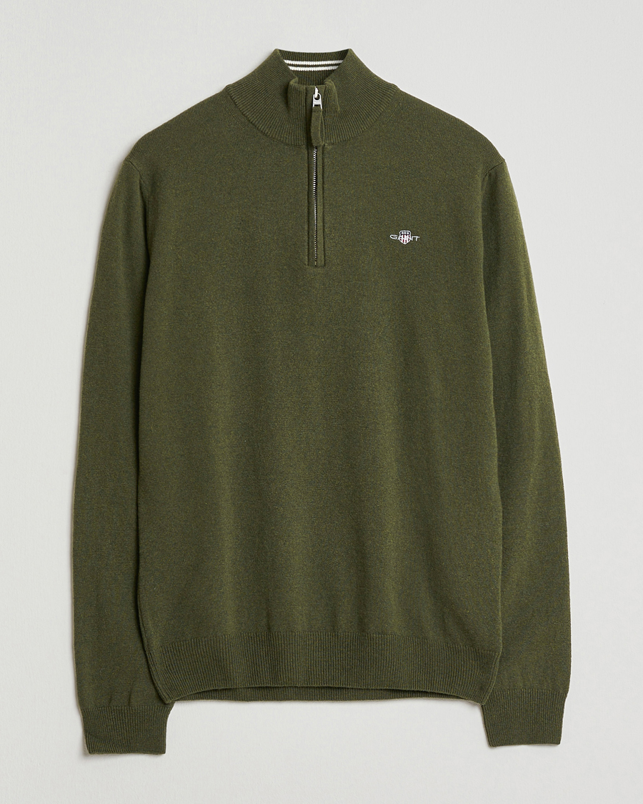 Mies | Puserot | Gant | Superfine Lambswool Half Zip Khaki Green Melange