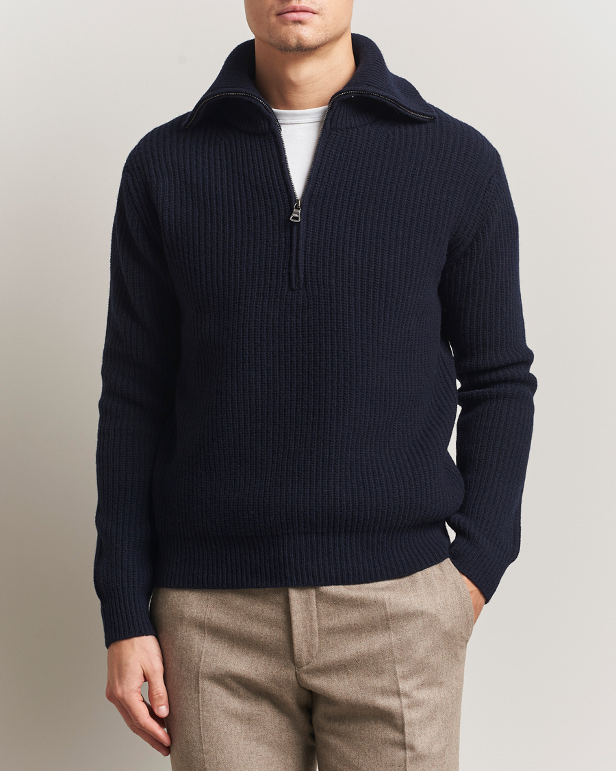 Mies | Puserot | Oscar Jacobson | Mauritz Chunky Wool Half-Zip Navy