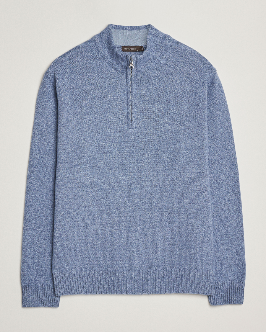 Mies | Puserot | Oscar Jacobson | Paul Wool/Cashmere Half-Zip Light Blue