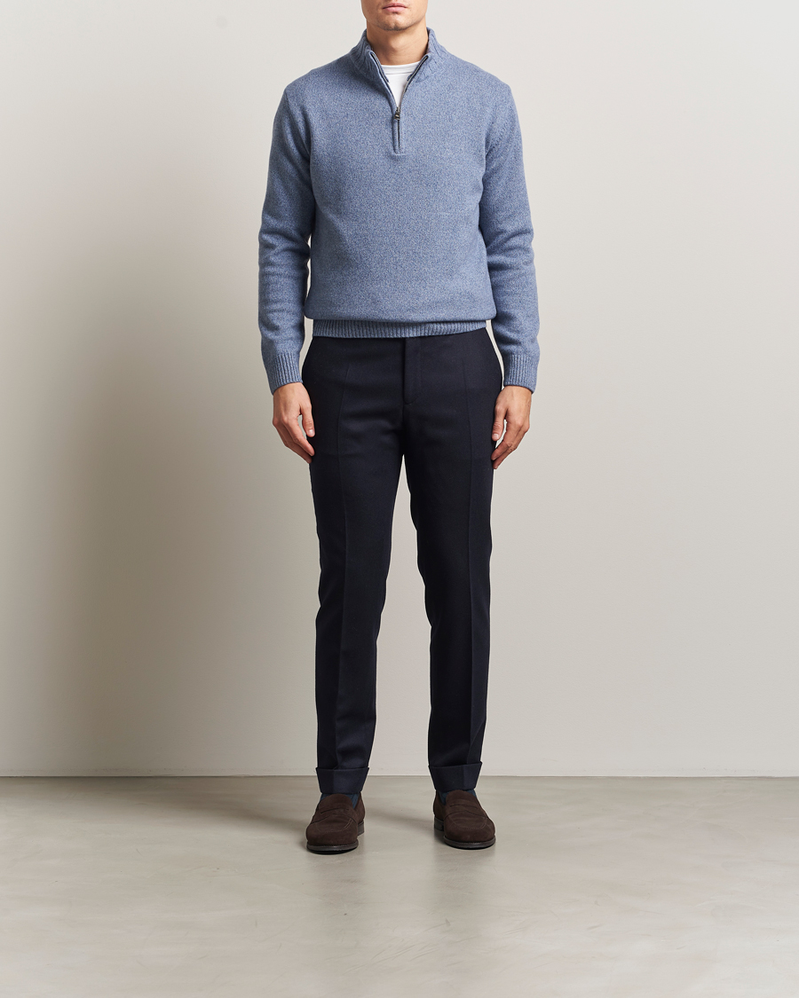 Mies | Puserot | Oscar Jacobson | Paul Wool/Cashmere Half-Zip Light Blue