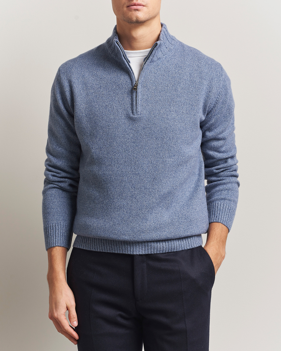 Mies | Puserot | Oscar Jacobson | Paul Wool/Cashmere Half-Zip Light Blue