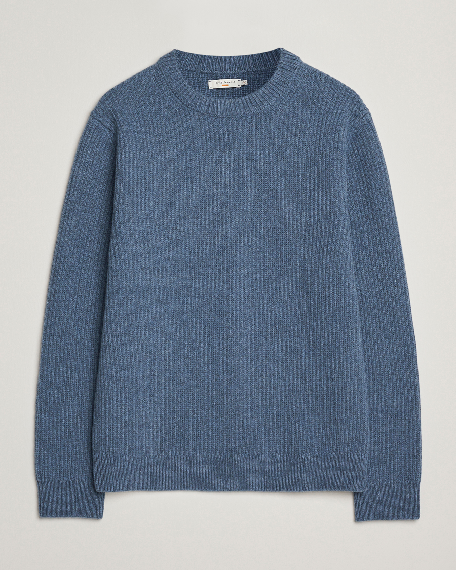 Mies | Puserot | Nudie Jeans | August Wool Rib Knitted Sweater Blue Melange