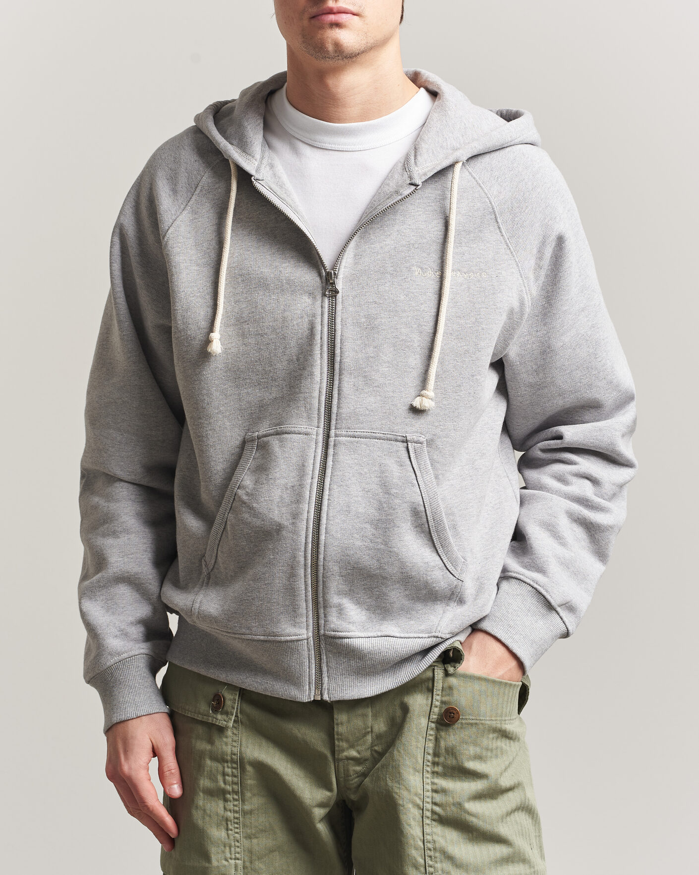 Mies | Puserot | Nudie Jeans | Gunde Logo Full Zip Hoodie Grey Melange