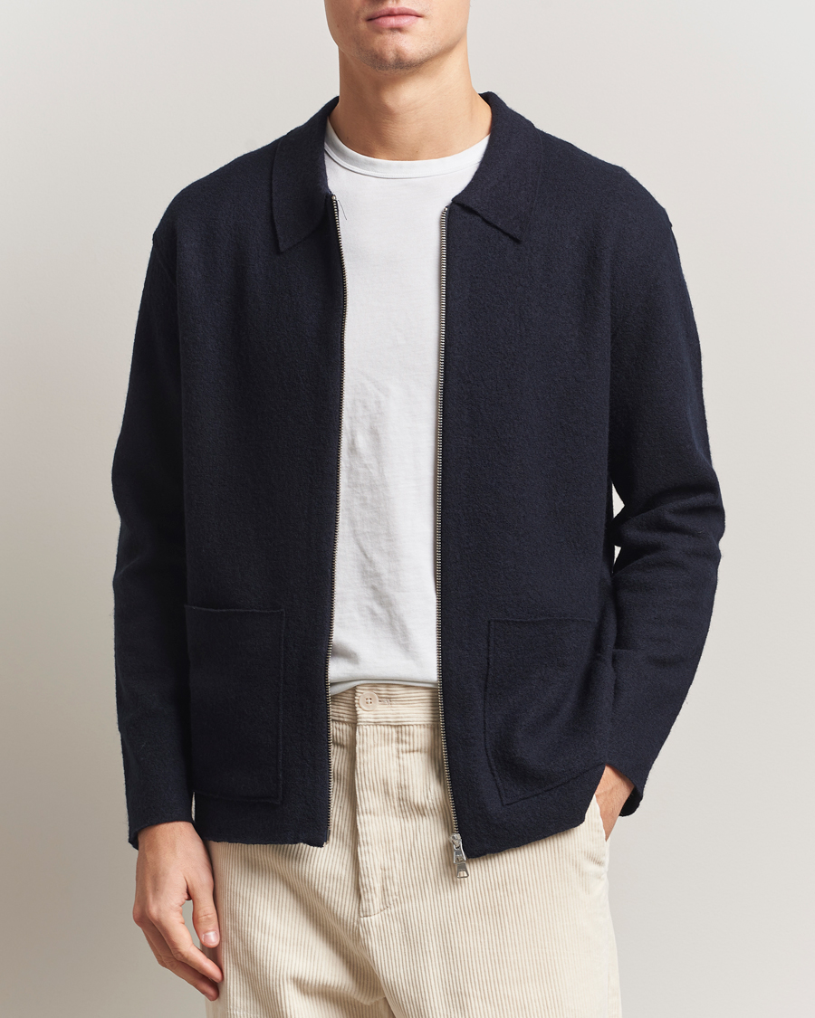 Mies | Puserot | NN07 | Jonas Boiled Wool Full Zip Navy Blue