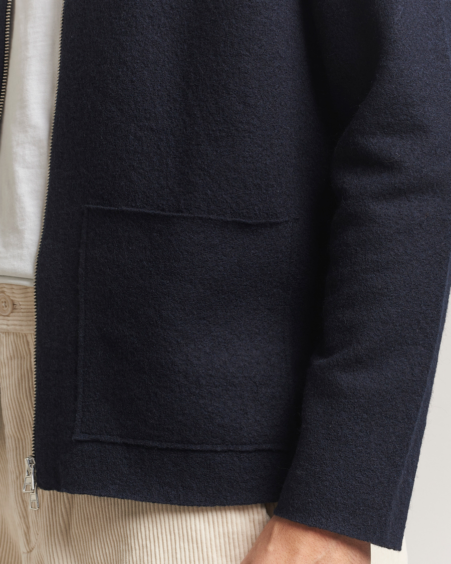 Mies | Puserot | NN07 | Jonas Boiled Wool Full Zip Navy Blue