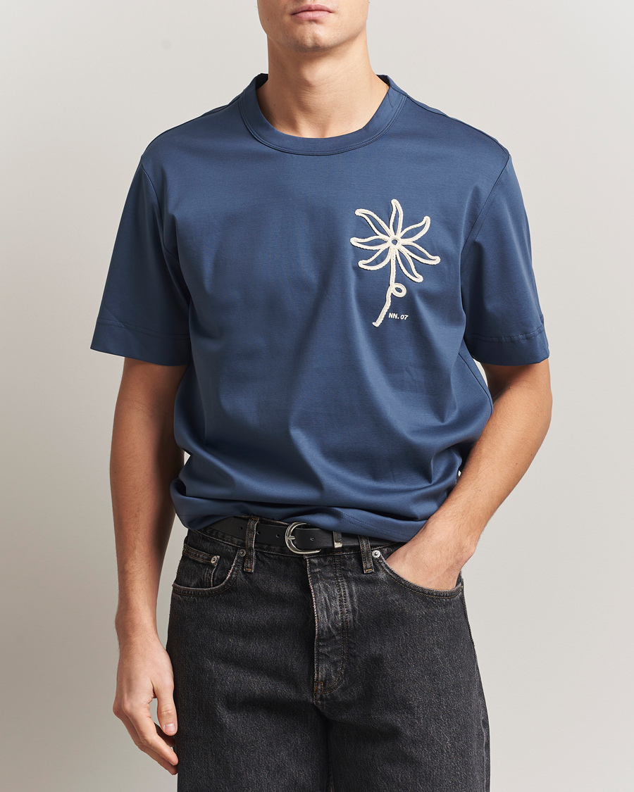 Mies | T-paidat | NN07 | Pedro Embroidered T-Shirt Denim Blue