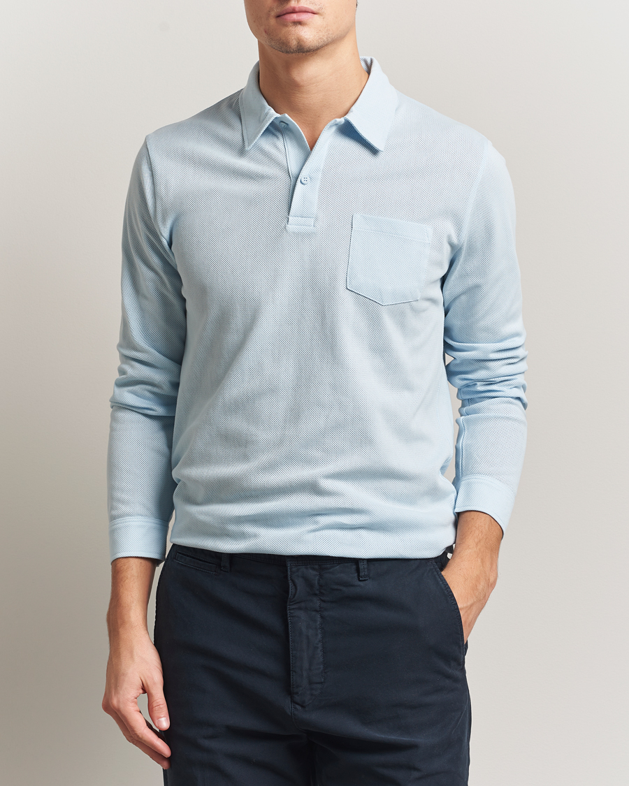 Mies | Pikeet | Sunspel | Long Sleeve Riviera Polo Shirt Frost Blue