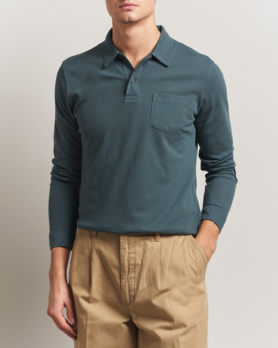 Mies | Pikeet | Sunspel | Long Sleeve Riviera Polo Shirt Dark Petrol