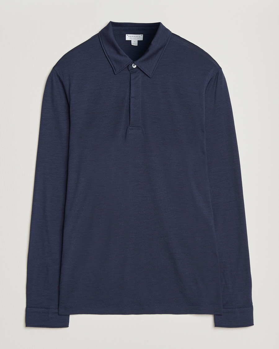 Mies | Pikeet | Sunspel | Wool Jersey Long Sleeve Polo Navy