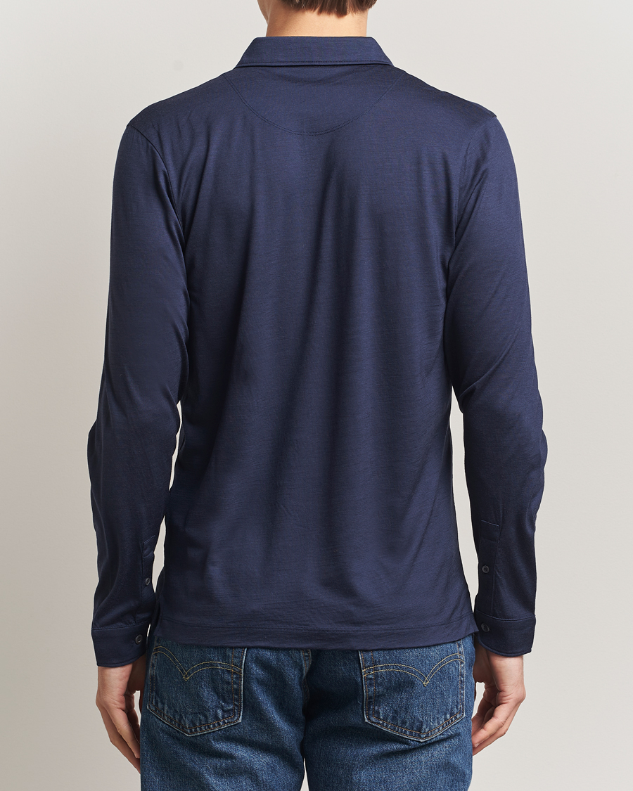 Mies | Pikeet | Sunspel | Wool Jersey Long Sleeve Polo Navy
