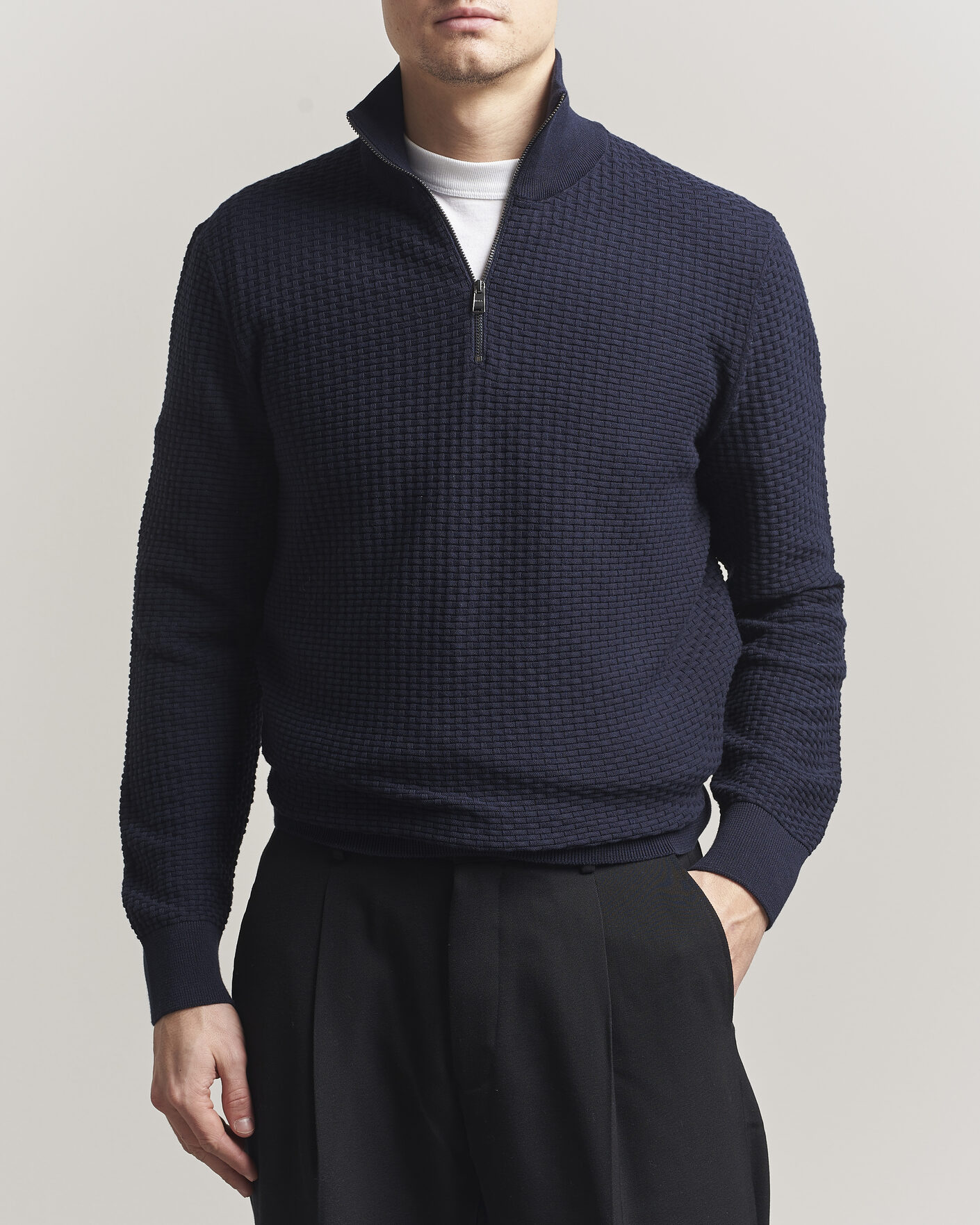 Mies | Puserot | BOSS BLACK | Ulicio Structured Knitted Half Zip Dark Blue