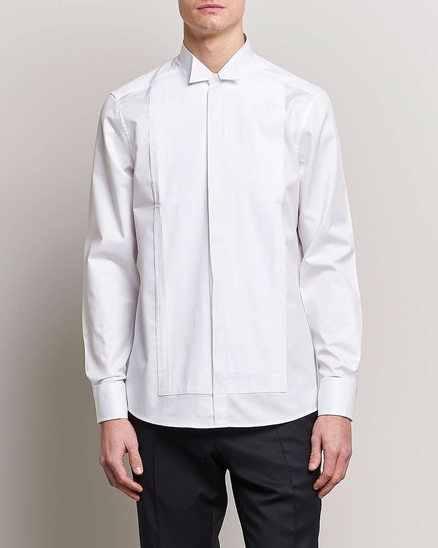 Mies | Kauluspaidat | Stenströms | Slimline Stand Up Collar Plissè Shirt White