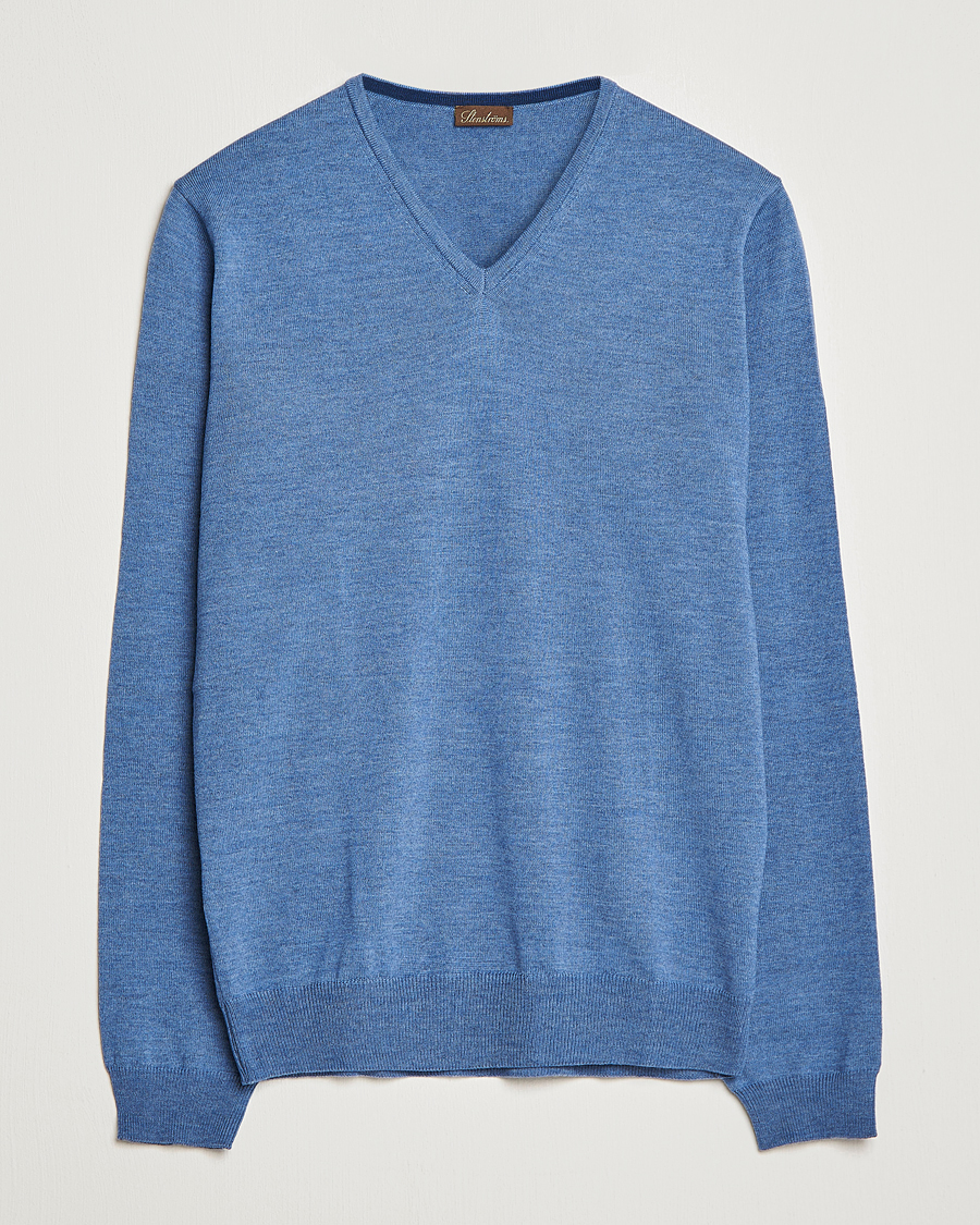Mies | Puserot | Stenströms | Merino Patch V-Neck Light Blue/Blue