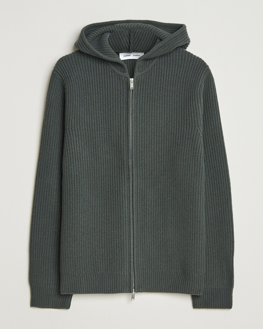 Mies | Puserot | Samsøe Samsøe | Isak Heavy Knitted Full Zip Hoodie Dark Evergreen