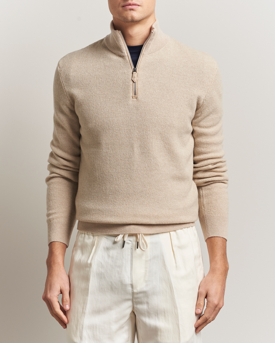 Mies | Puserot | Ralph Lauren Purple Label | Cashmere Birdseye Half Zip Beige
