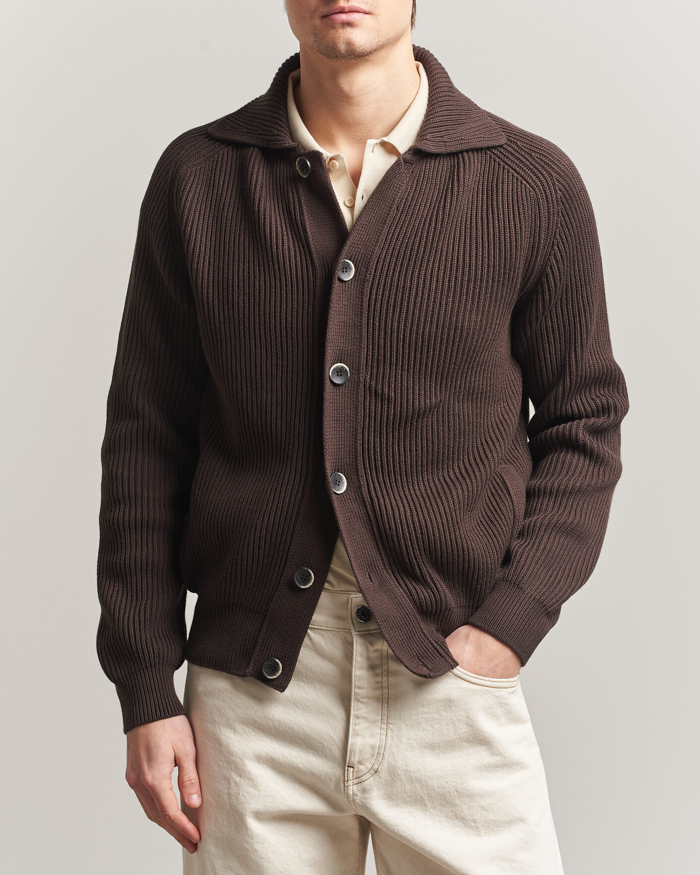 Mies | Puserot | Altea | Cotton Rib Cardigan Jacket Dark Brown