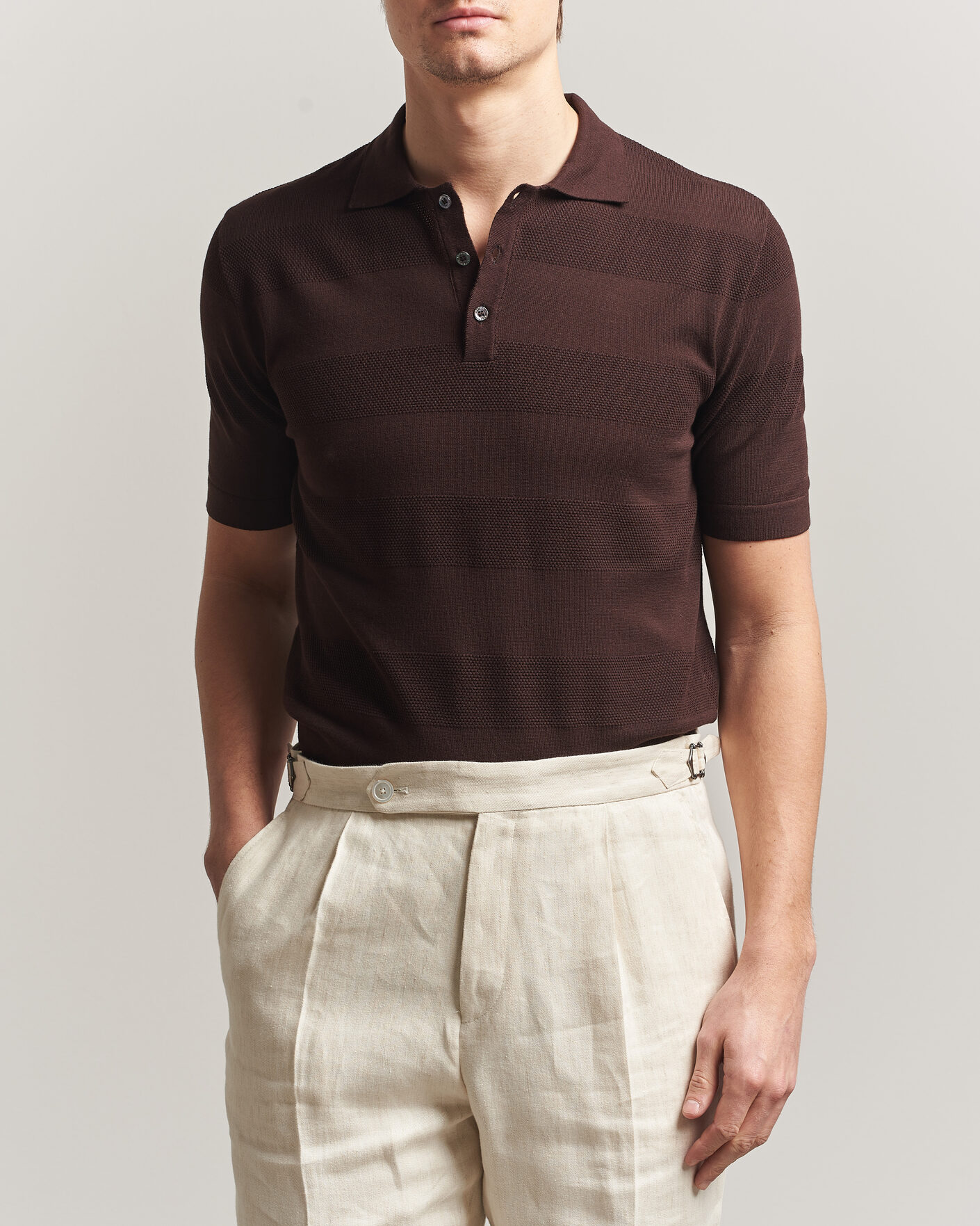 Mies | Pikeet | Altea | Block Stripe Knitted Polo Dark Brown