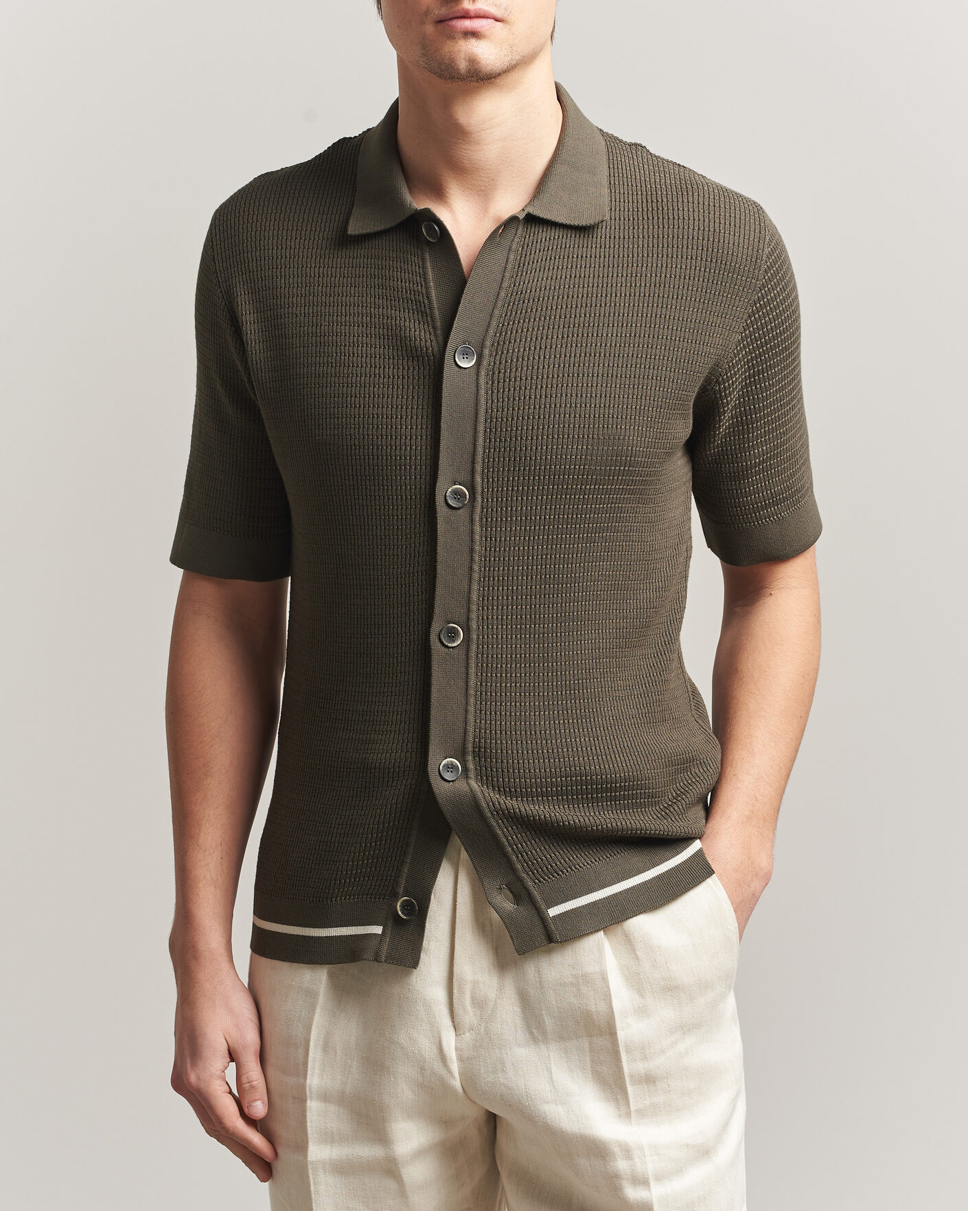 Mies | Kauluspaidat | Altea | Bamboo Stitch Knitted Camp Shirt Dark Green