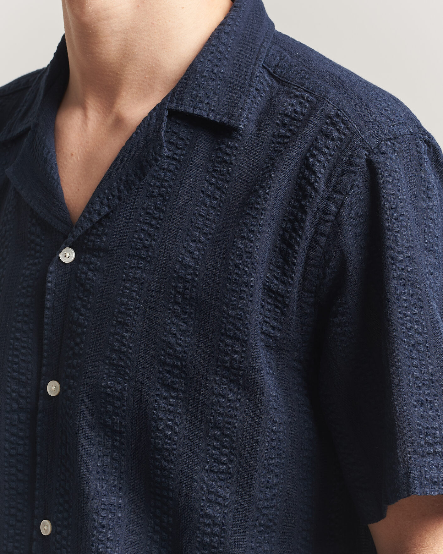 Mies | Kauluspaidat | Forét | Peer Jacquard Stripe Regular Fit SS Shirt Navy