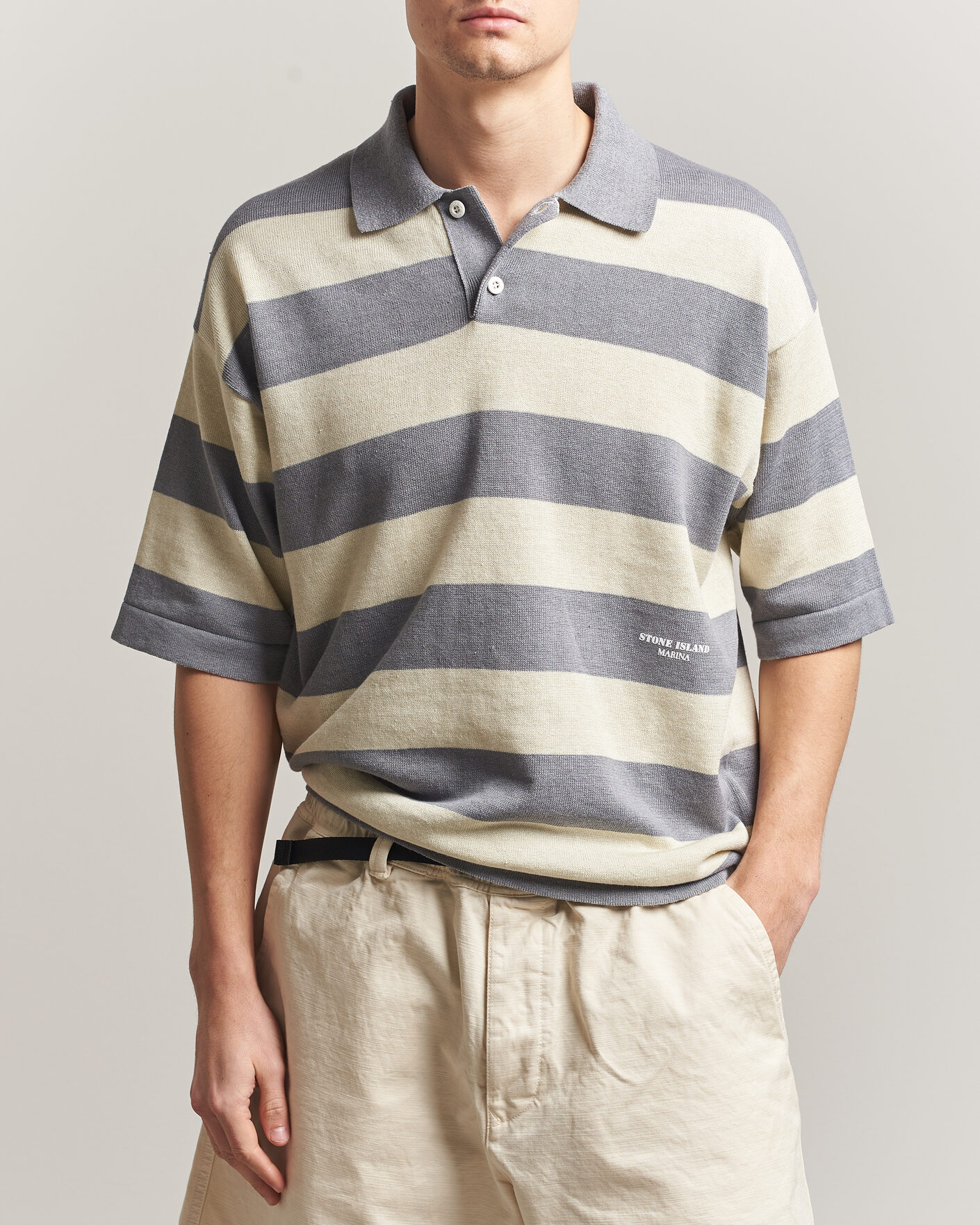 Mies | Pikeet | Stone Island | Marina Knitted Cotton/Linen Polo Ivory Melange