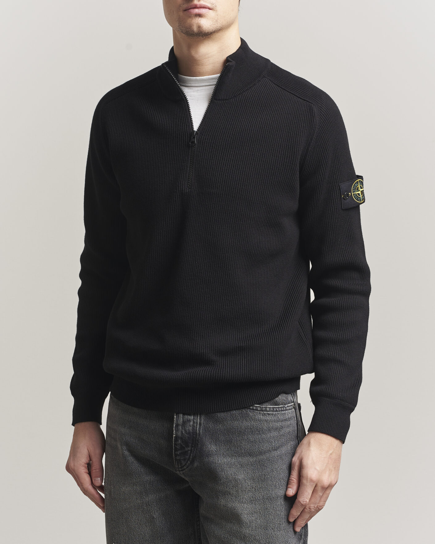 Mies | Puserot | Stone Island | Ribbed Soft Organic Cotton Half Zip Black